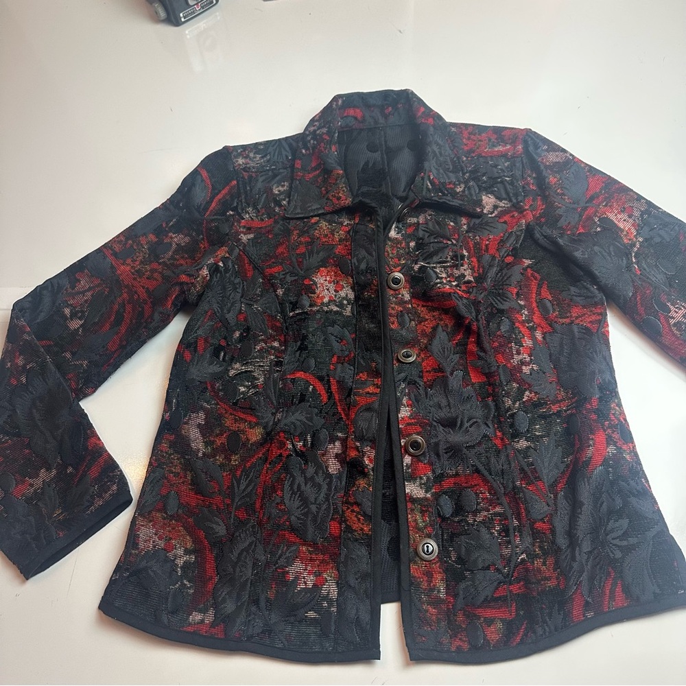 Black Crimson Brocade Tapestry Jacket | Gothic Romantic Artwear Coat - Picture 8 of 10